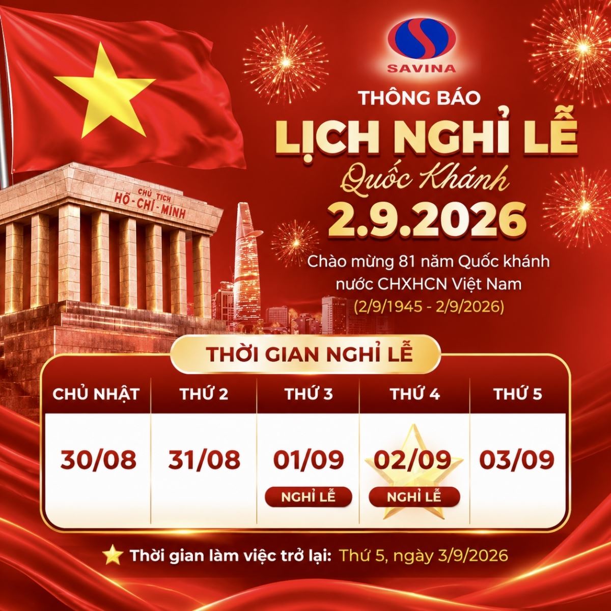 THÔNG BÁO NGHỈ LỄ QUỐC KHÁNH 2/9