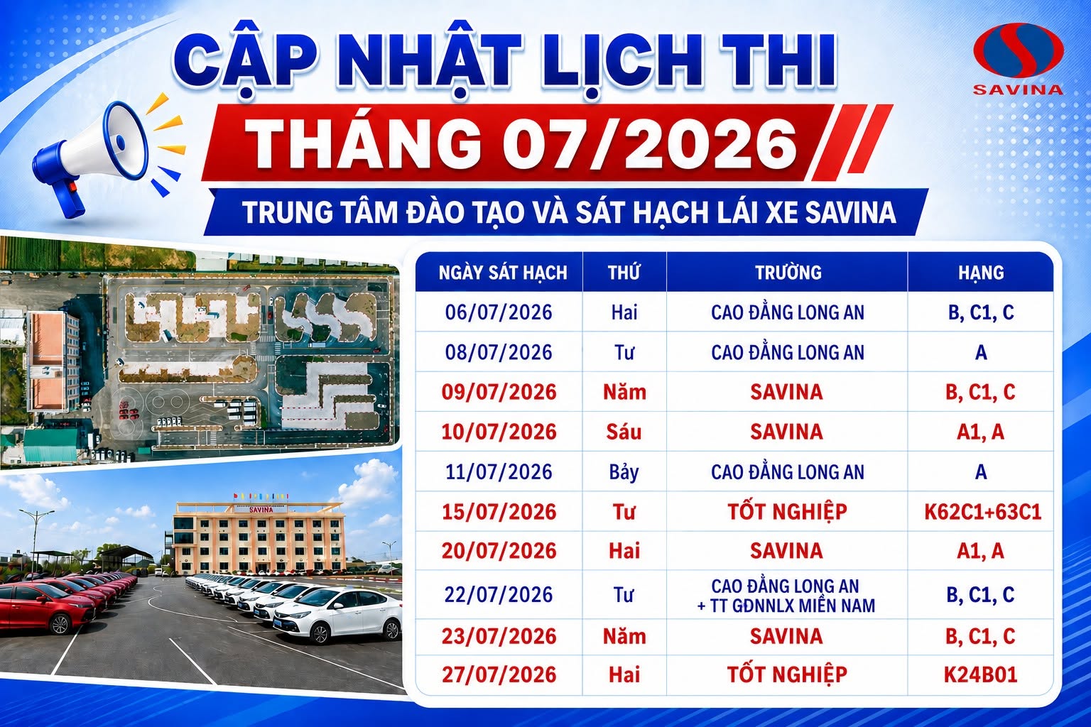 THÔNG BÁO LỊCH SÁT HẠCH THÁNG 7/2026