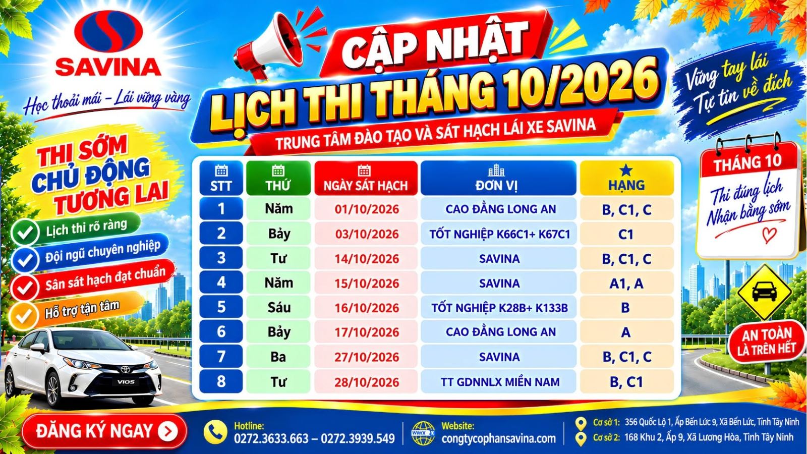 THÔNG BÁO LỊCH THI SÁT HẠCH LÁI XE THÁNG 10/2026