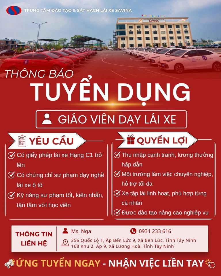🚗 TUYỂN DỤNG GIÁO VIÊN DẠY LÁI XE – THU NHẬP HẤP DẪN TẠI SAVINA 🎯