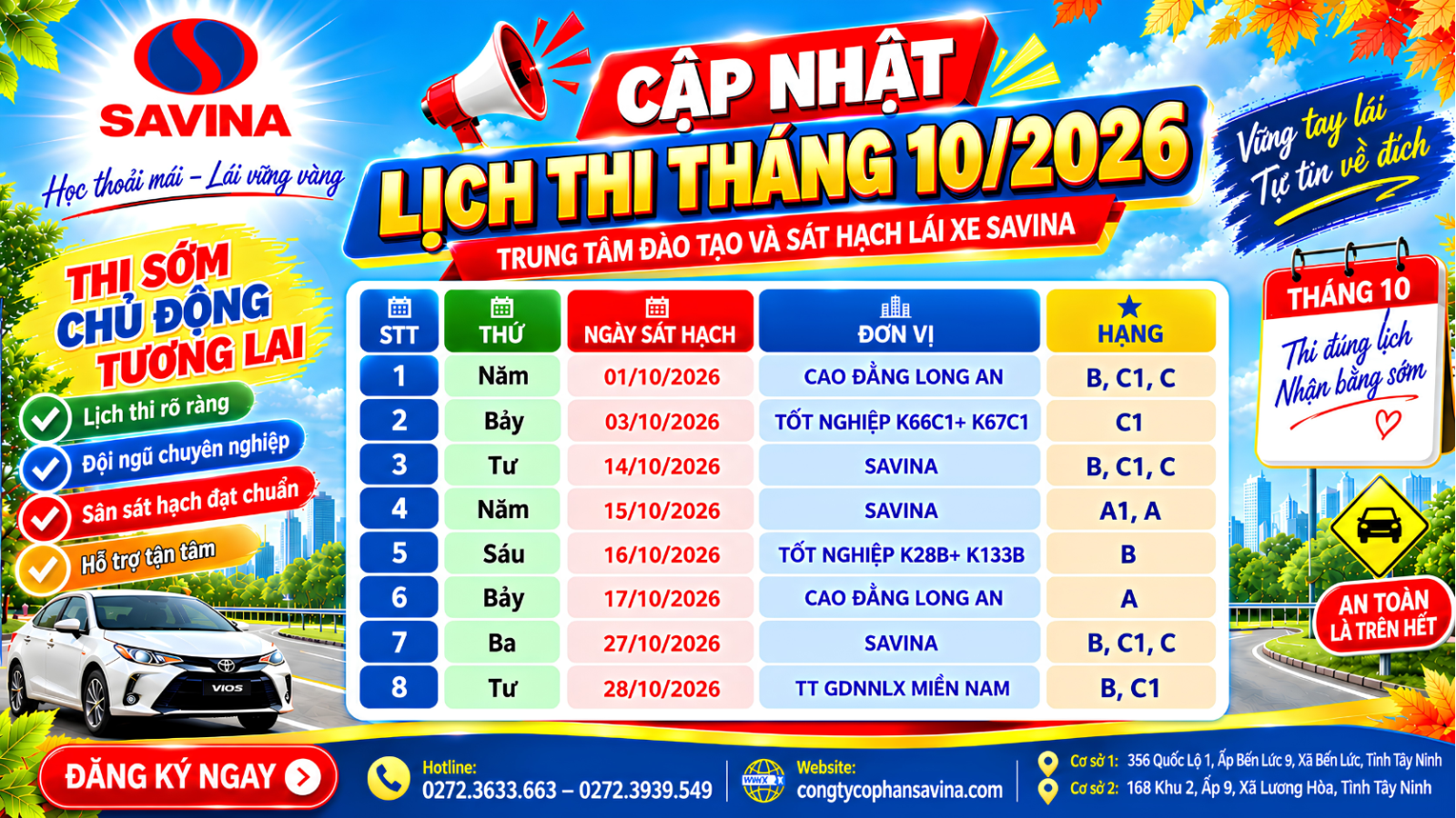 🚗 LỊCH THI SÁT HẠCH THÁNG 10/2026 – SAVINA 🏁